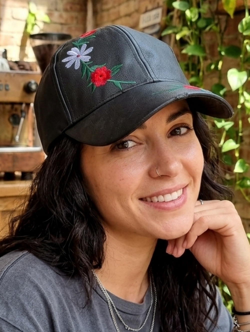 NWOT Vegan Leather Baseball Cap Floral Embroidery Hat OS Black